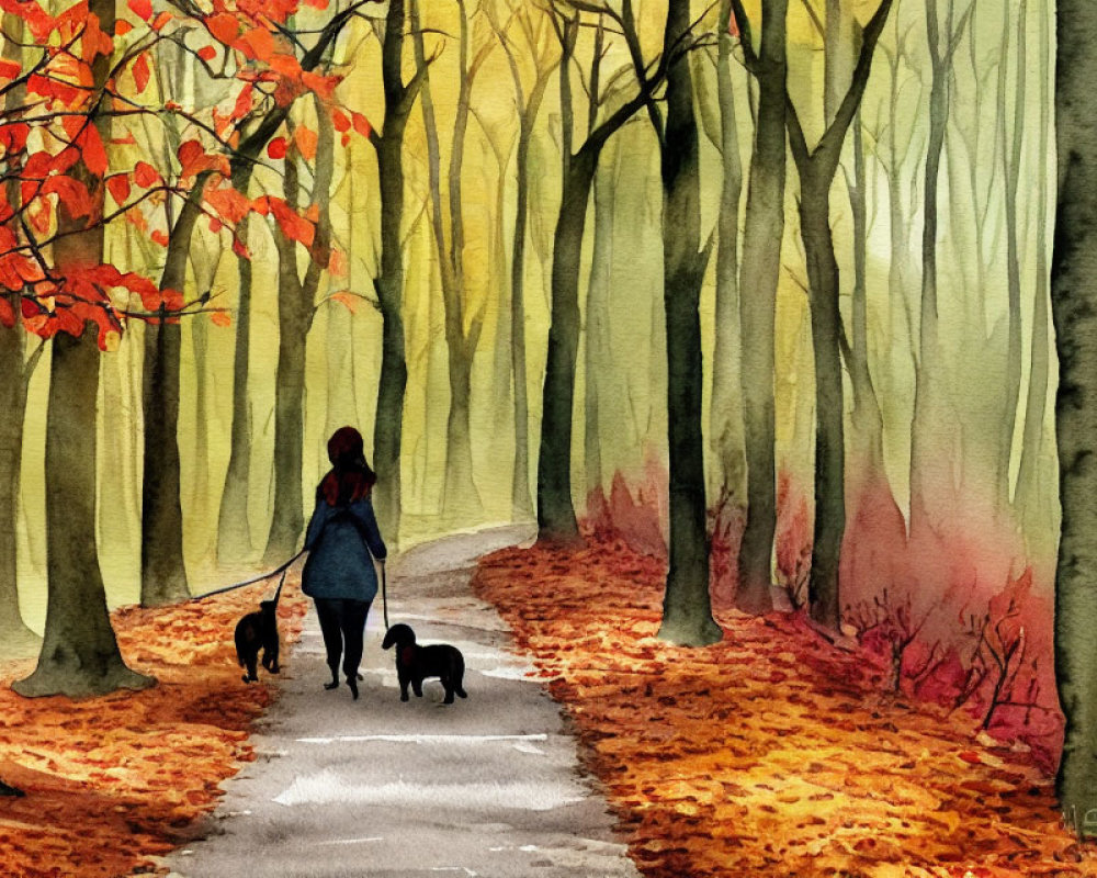 Person walking two dogs on forest path with autumn leaves