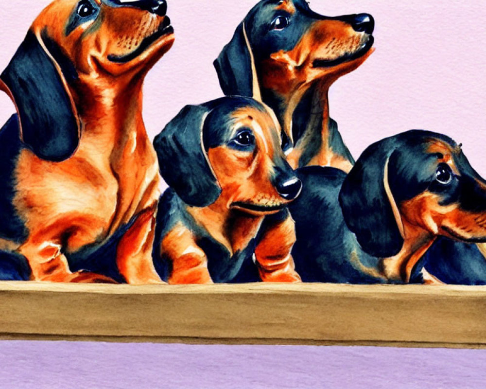 Four Dachshunds Sitting on Wooden Bench with Pink Background
