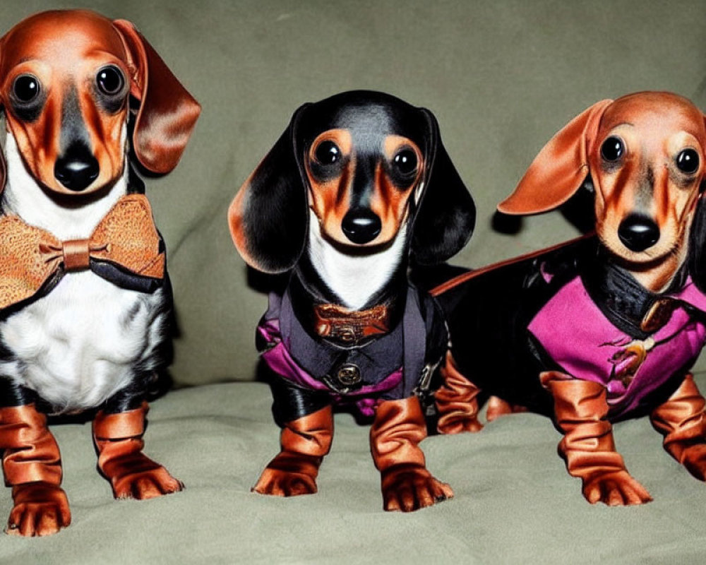 Three Dachshund Dogs in Outfits: Bowtie, Leather Harness, Purple Shirt