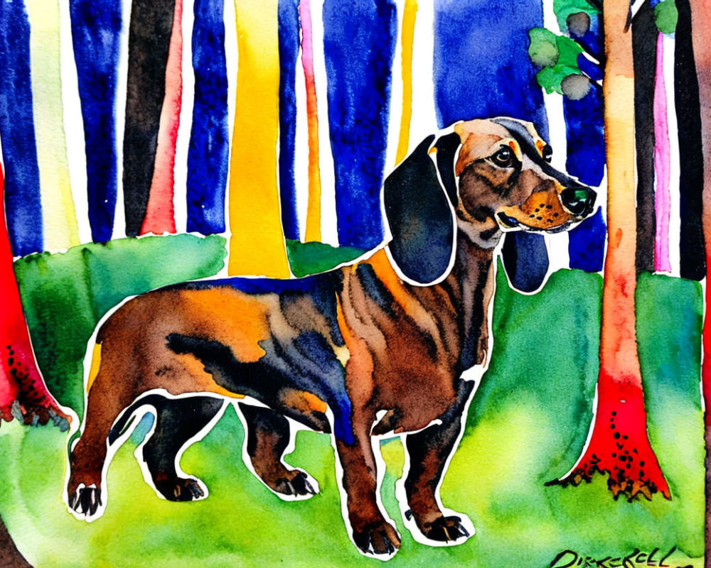 Colorful Watercolor Painting of Dachshund Among Abstract Trees