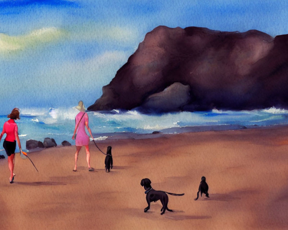 Beach scene with two people, two dogs, rock formation, ocean waves, blue sky.