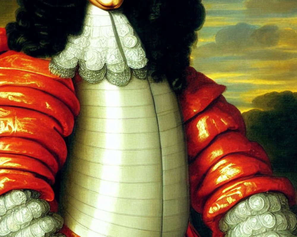 Man with Long Curly Hair in Traditional Red Coat and Armor Cuirass