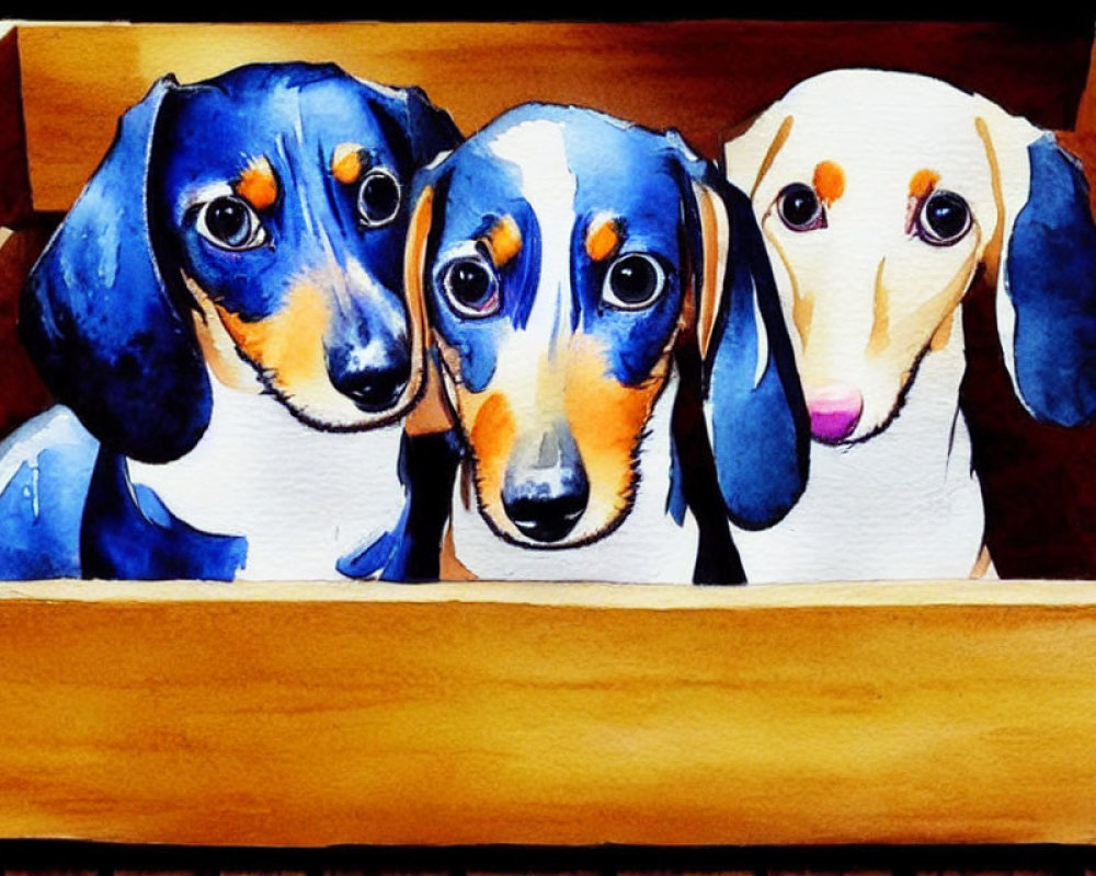 Three dachshunds in a wooden box watercolor painting