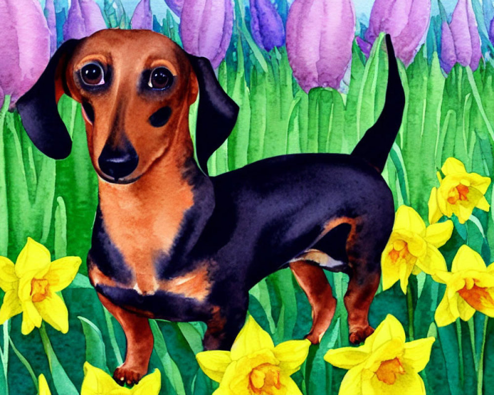 Brown Dachshund Surrounded by Purple Tulips and Yellow Daffodils
