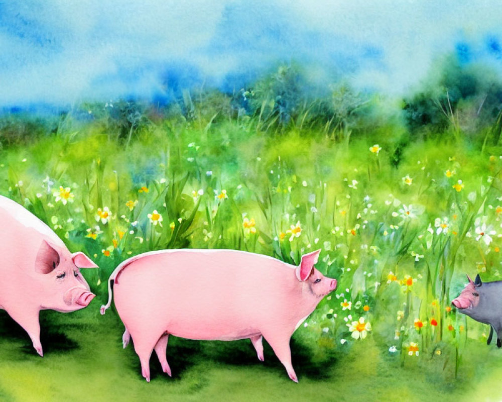 Colorful Watercolor Cartoon Pigs in Meadow with Flowers