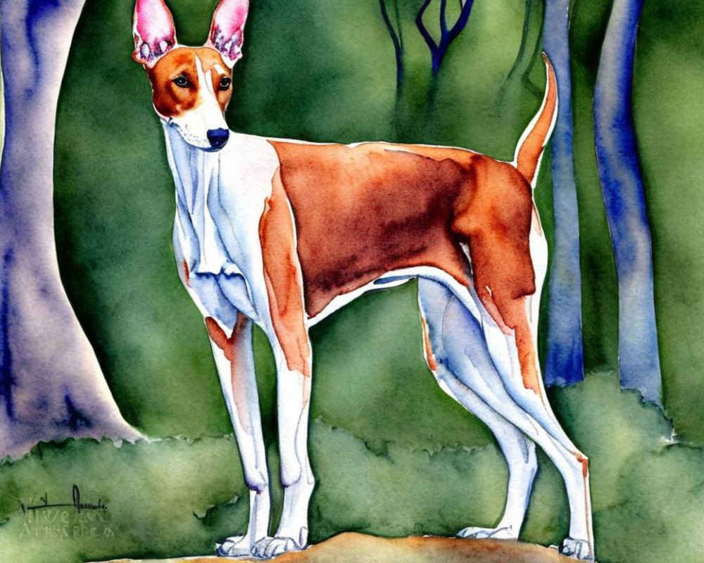 Slender Tan and White Dog in Forest Setting Watercolor Painting