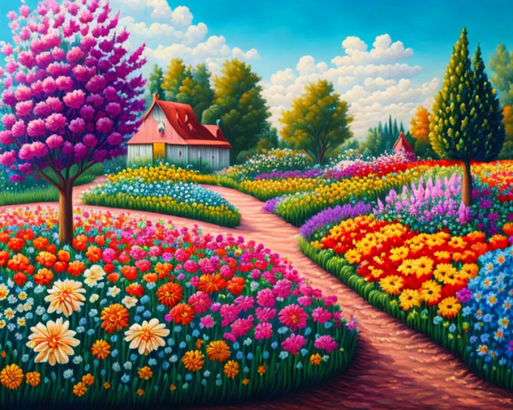Colorful Garden Painting with Blooming Flowers and Quaint Houses