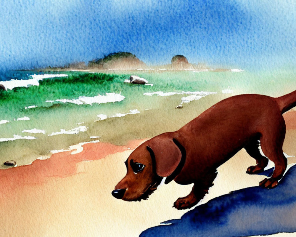 Brown Dachshund Watercolor Painting on Sandy Beach