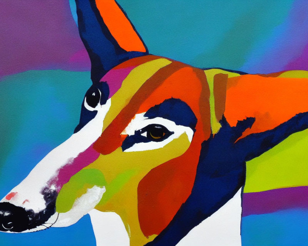 Vibrant abstract dog painting on blue and purple background