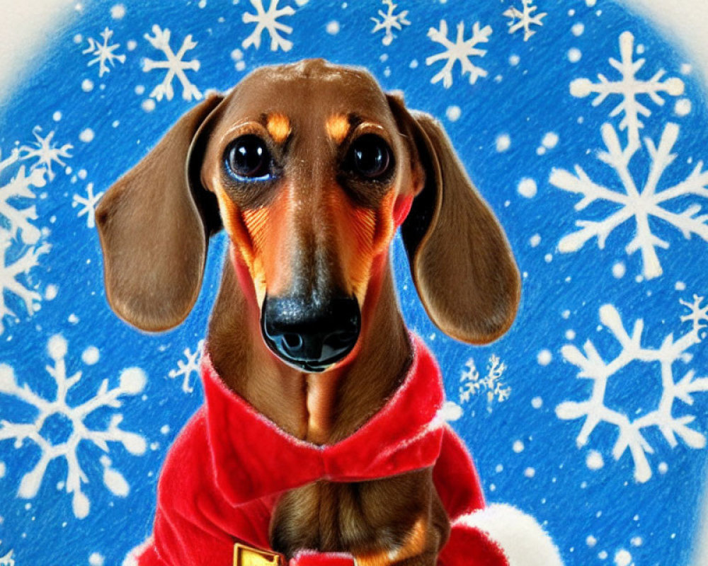 Dachshund in Red Hoodie on Blue Snowflake Background