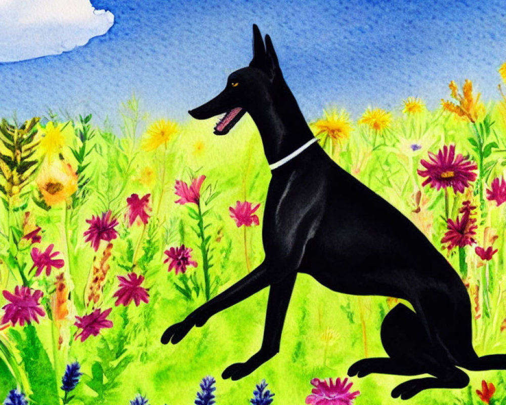 Black Dog Sitting in Colorful Meadow with Flowers Under Blue Sky