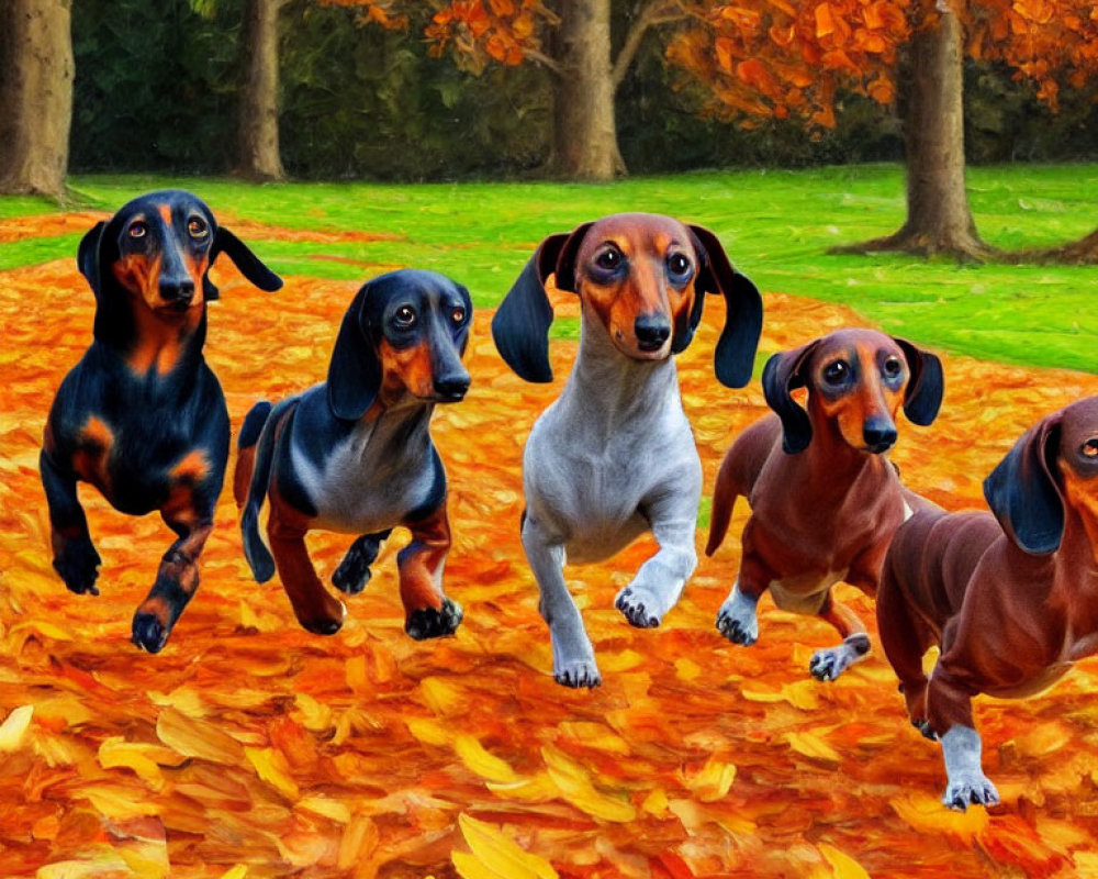 Four Dachshunds Walking in Fall Landscape with Orange Leaves