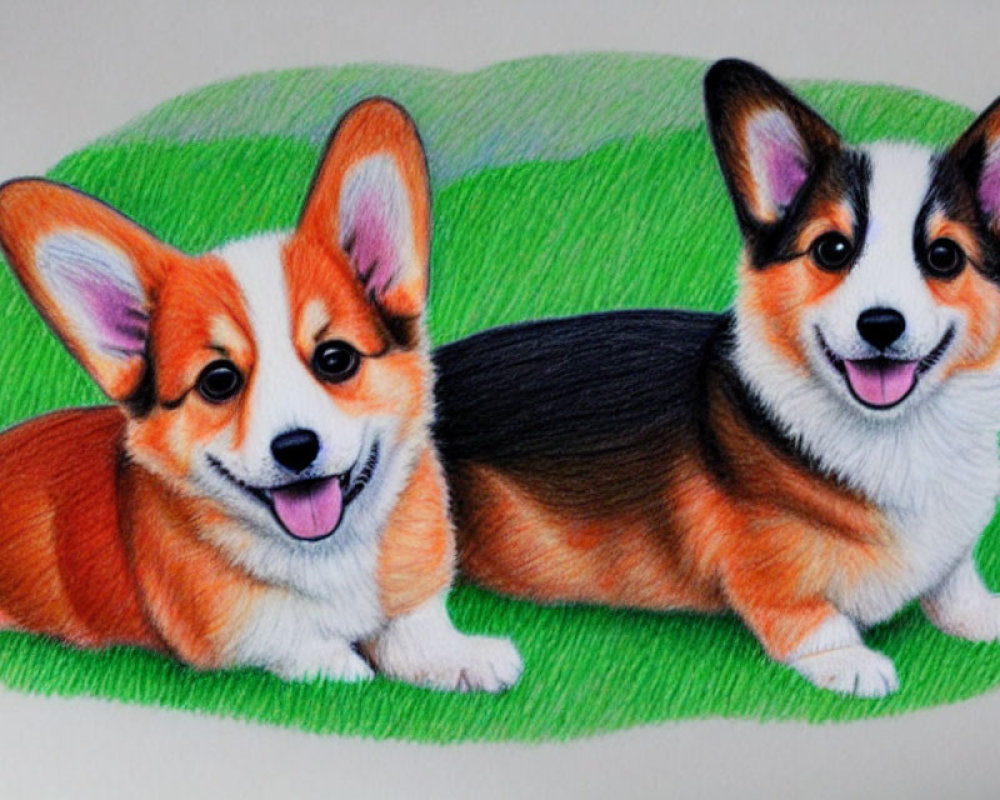 Two Cheerful Corgi Dogs with Tricolor Coats on Green Surface
