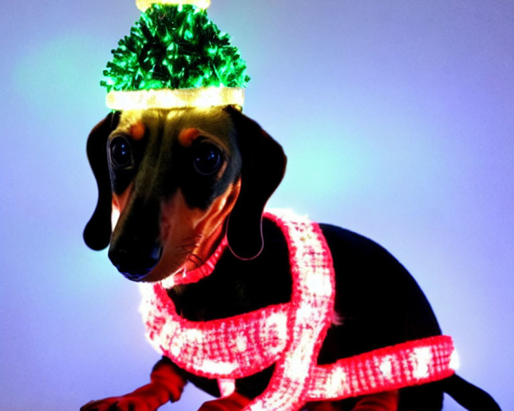 Dachshund Dog in Light-Up Christmas Sweater on Blue-Purple Background
