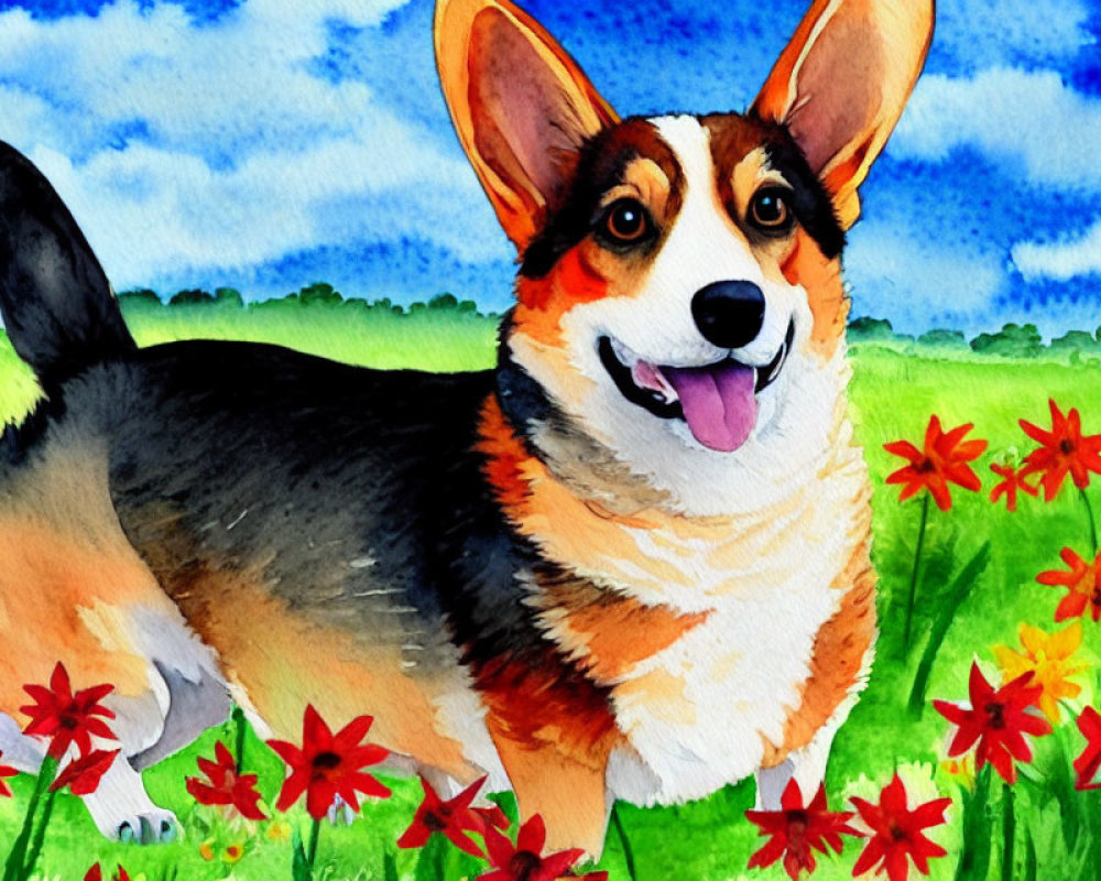 Vibrant watercolor painting: Smiling Corgi in field with flowers