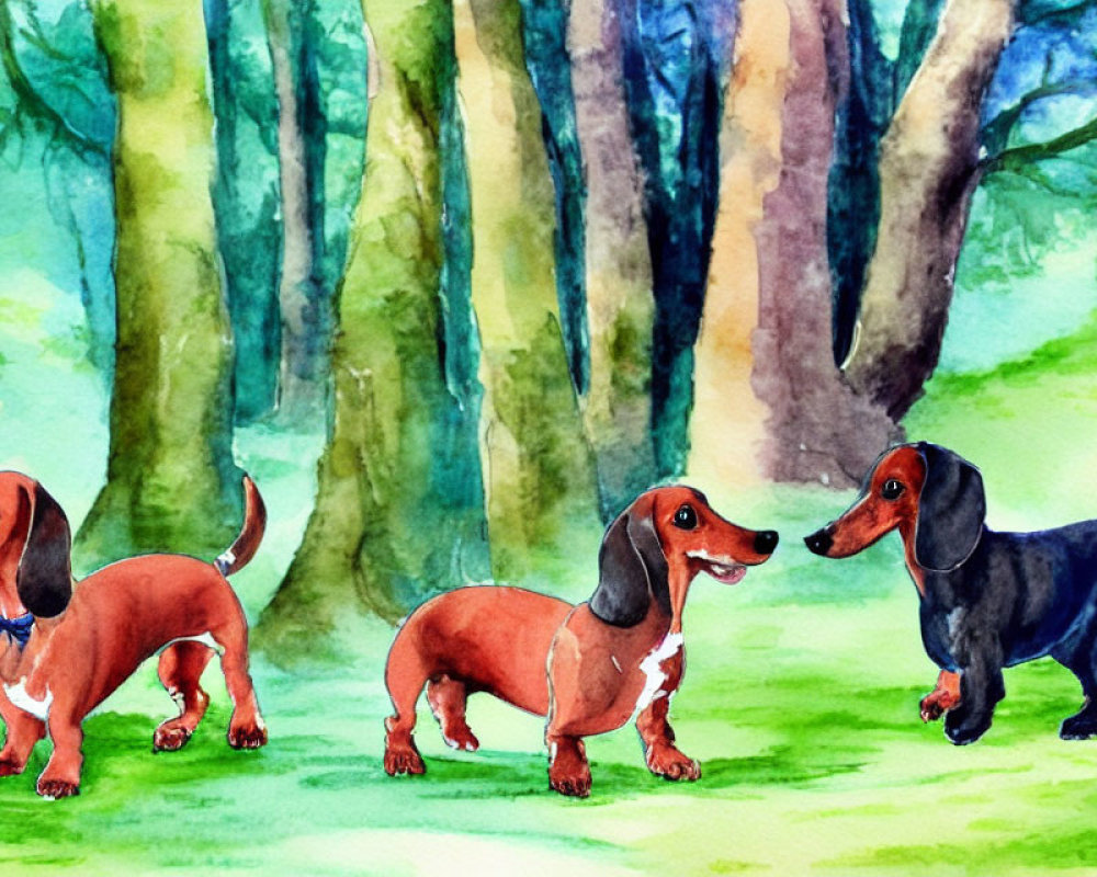 Three colorful dachshunds in a vibrant watercolor forest