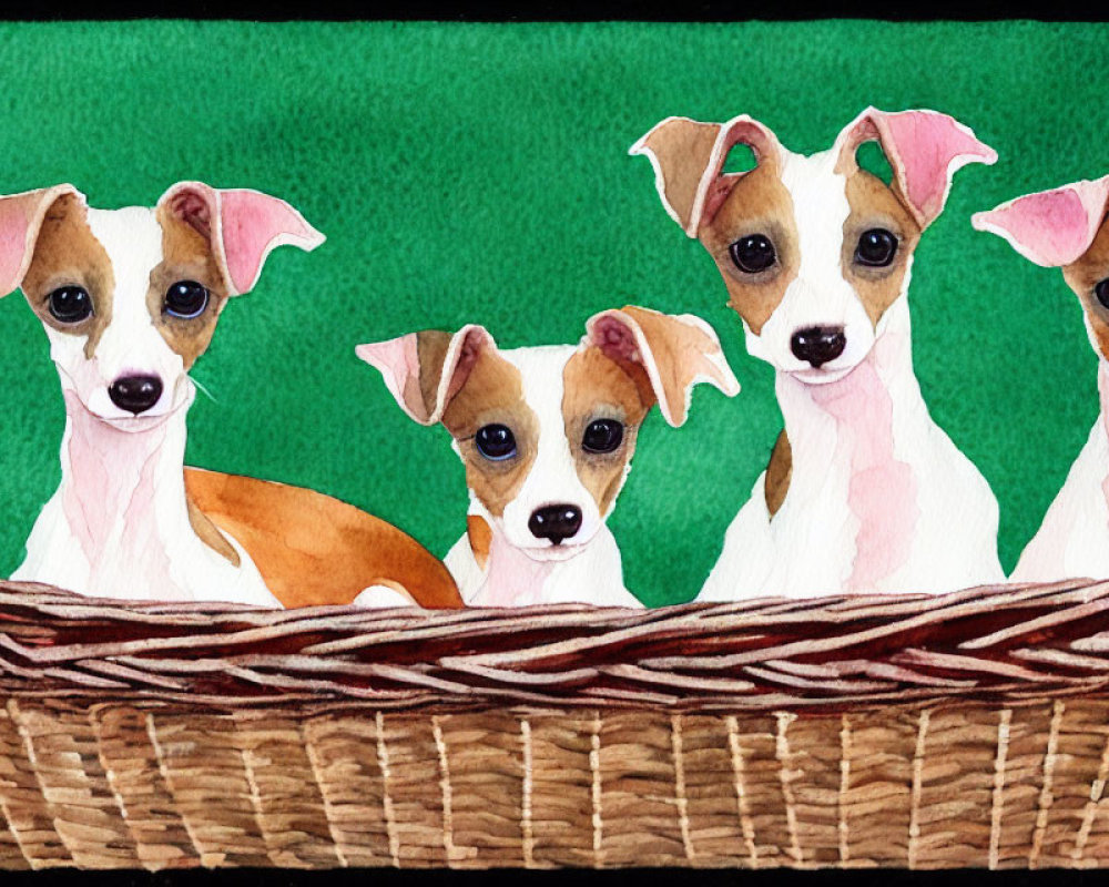 Four Brown and White Fur Puppies in Wicker Basket on Dark Green Background