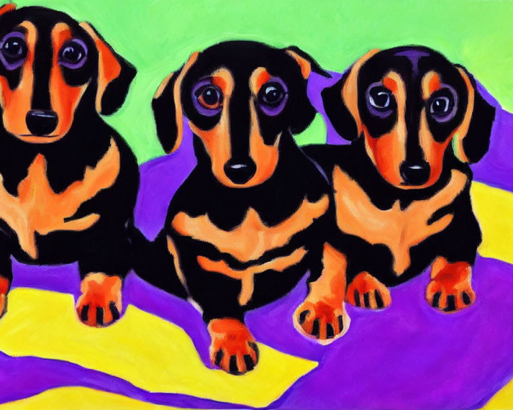 Colorful Stylized Dachshunds Against Vibrant Background