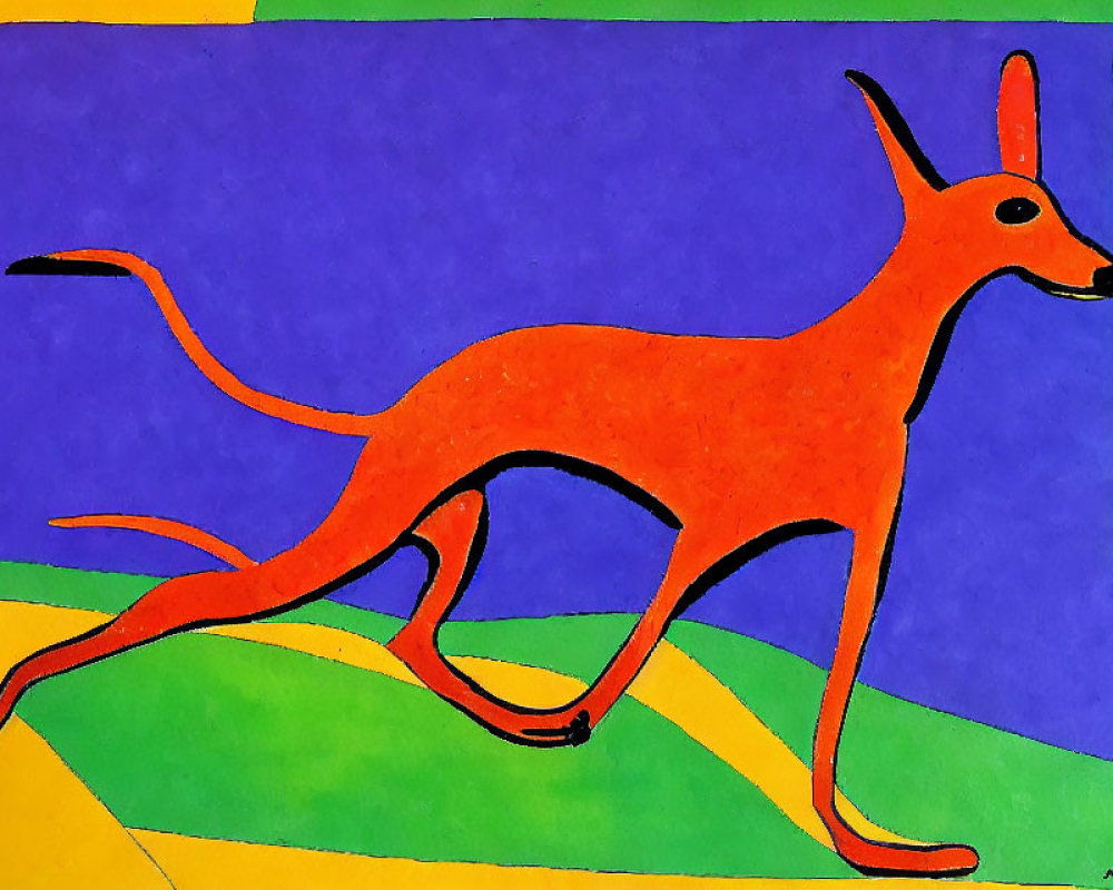 Colorful Kangaroo Painting Leaping with Green, Yellow, and Purple Background