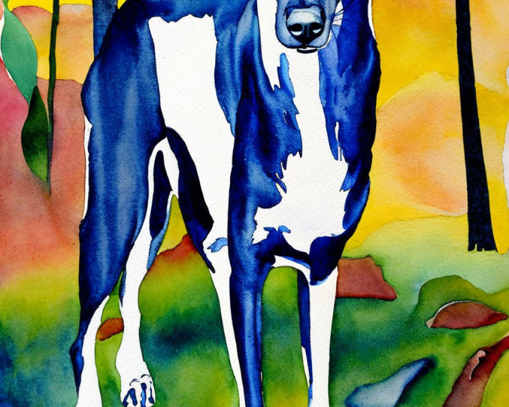 Vibrant Watercolor Painting of Curious Black and White Dog