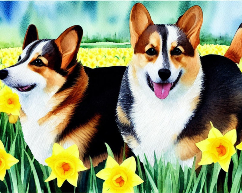 Smiling Corgis in Yellow Daffodil Scene