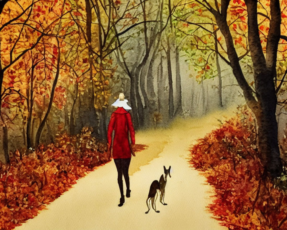 Person in Red Coat Walking Dog Among Autumn Trees