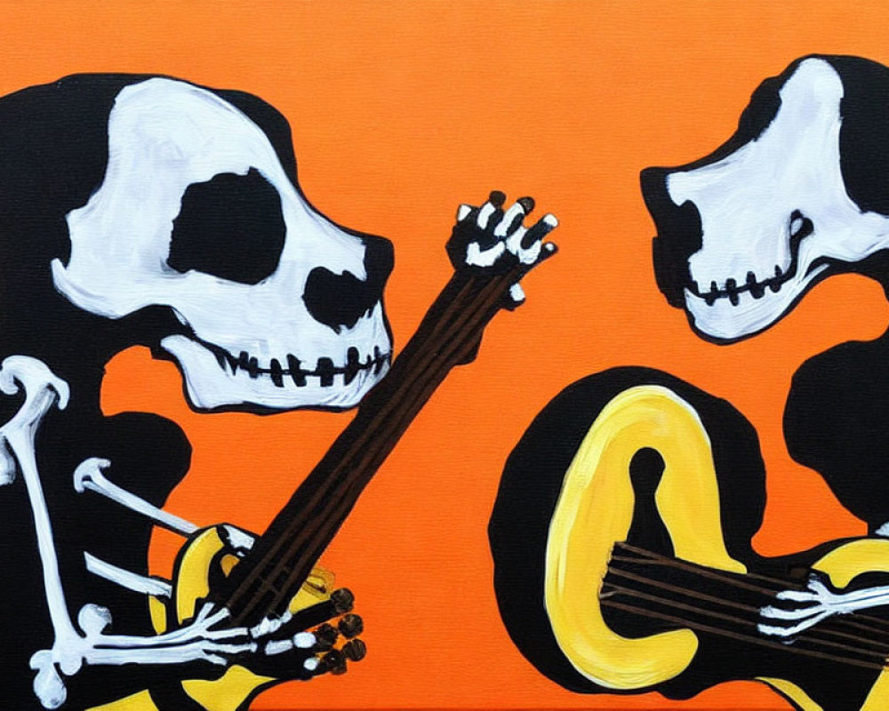 Stylized skeletons playing instruments on orange background