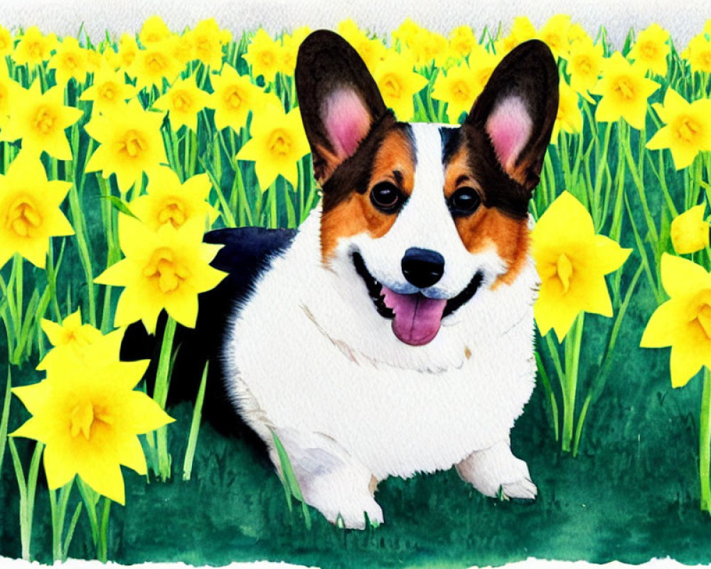 Smiling Corgi with Yellow Daffodils on Green and White Background