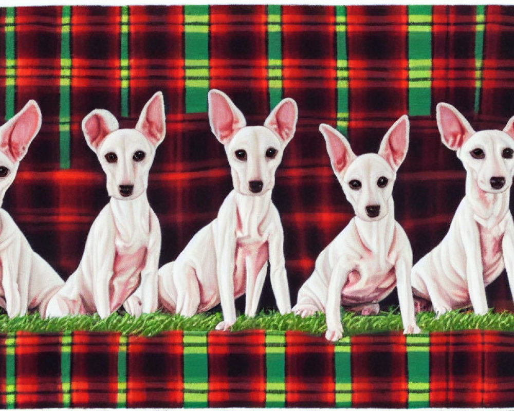 Five White Dogs Sitting in a Row on Red Tartan Background