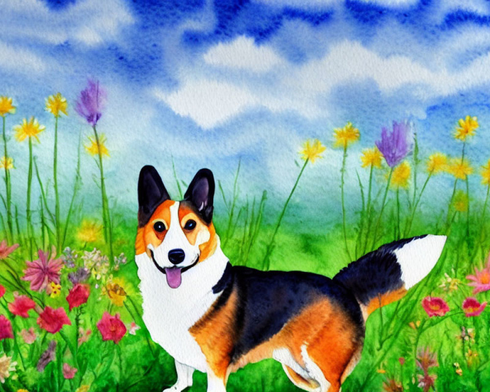 Colorful Watercolor Painting of Tricolor Corgi in Meadow