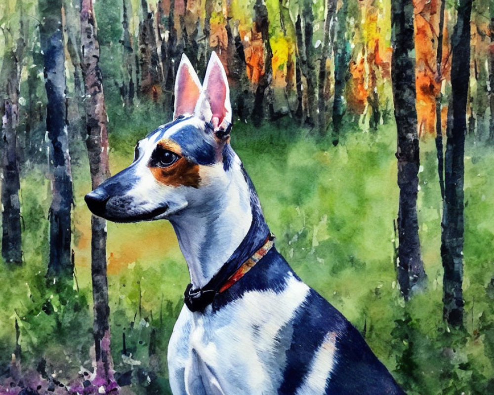 Dog Watercolor Painting with Forest Background and Focused Gaze