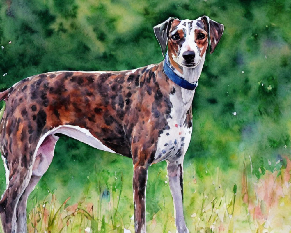 Speckled Brown and White Dog in Green Field Painting