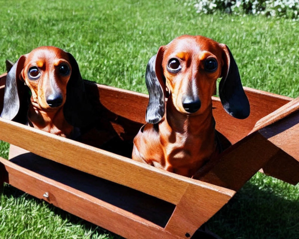 Two Brown Dachshunds in Wooden Wagon on Green Lawn with White Flowers