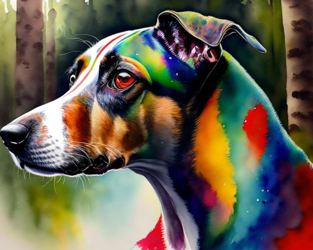 Colorful Watercolor Painting of Dog with Rainbow Spectrum