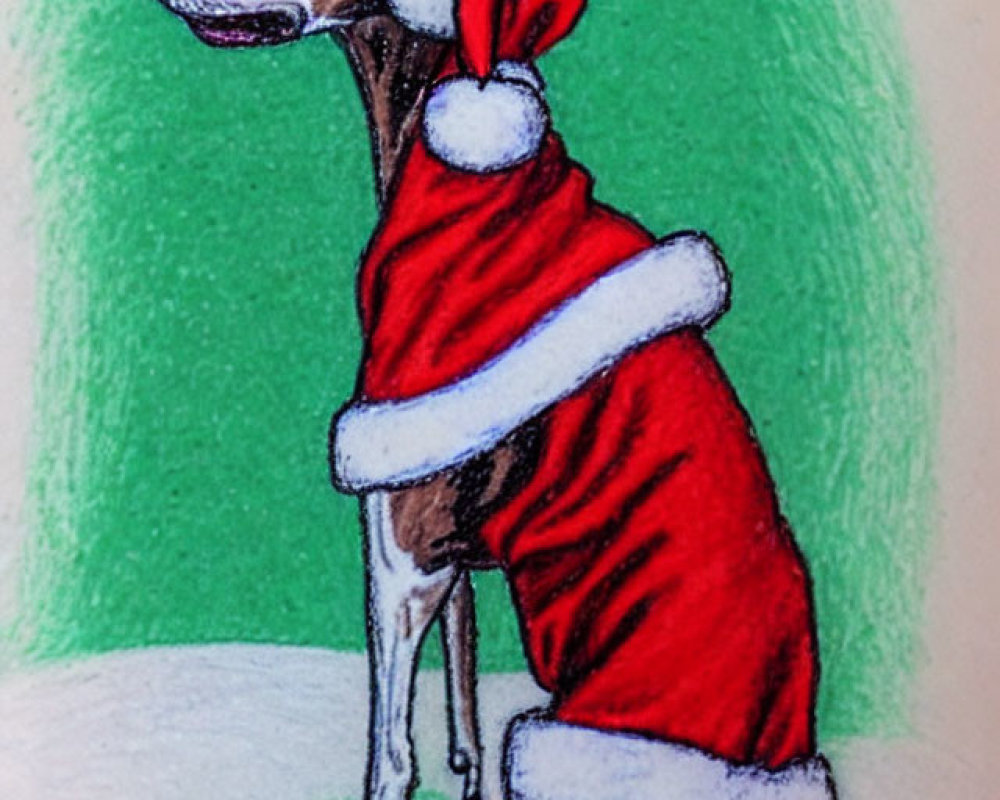 Brown and White Dog in Santa Hat and Cloak on Green and Blue Background