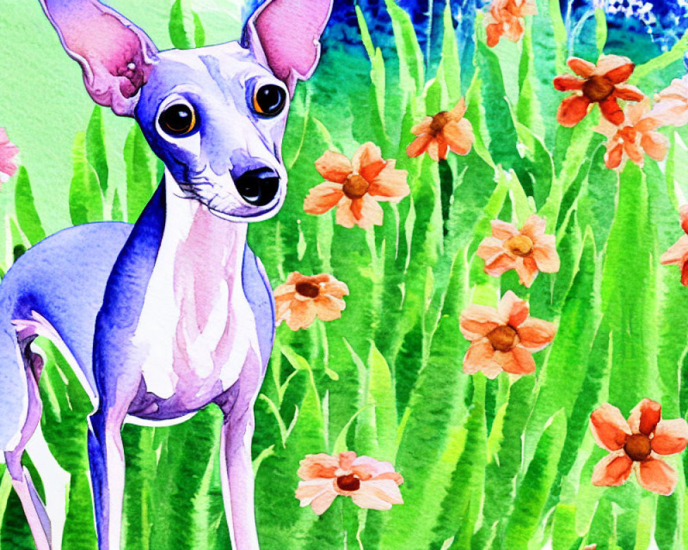 Vibrant watercolor: Italian Greyhound in nature