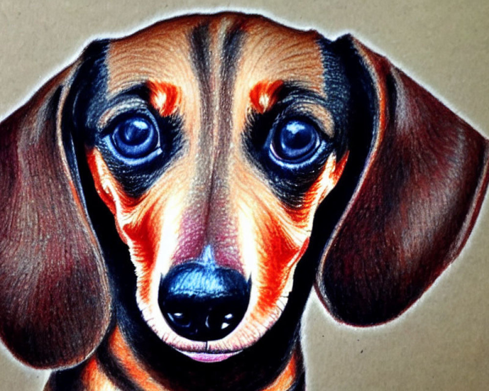 Vibrant dachshund drawing with expressive eyes on textured background