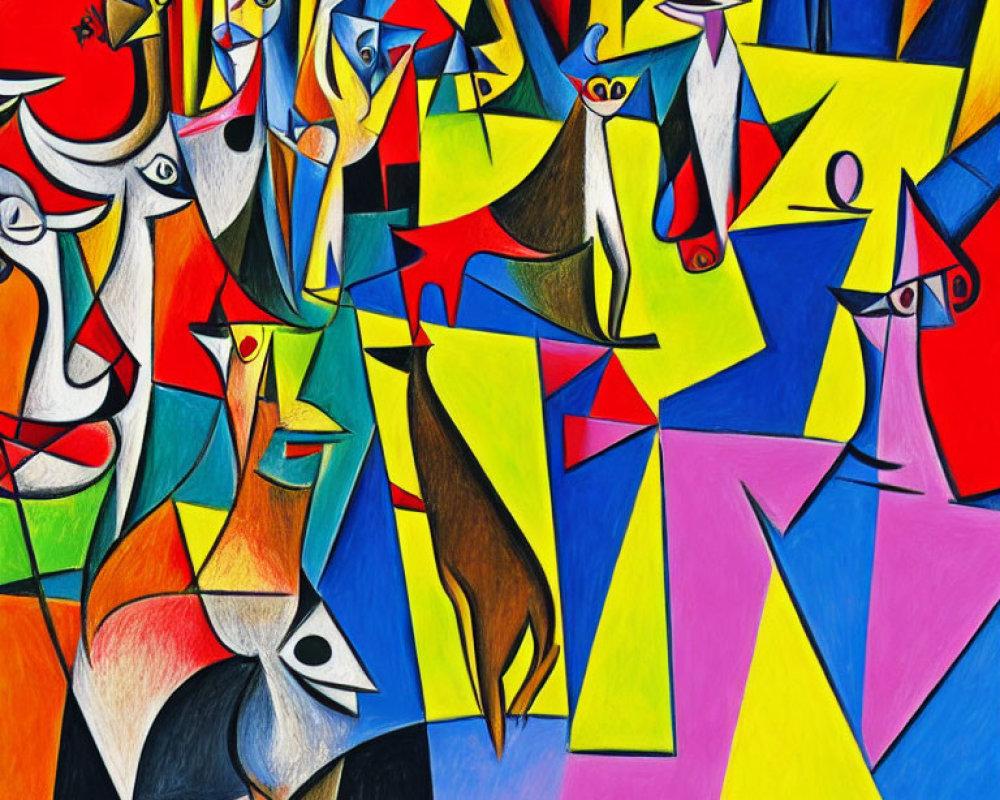 Colorful Abstract Painting: Geometric Shapes & Stylized Figures