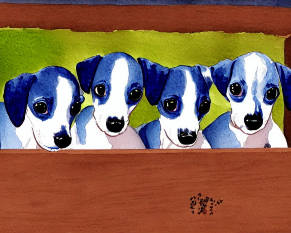 Four Cute Puppies Watercolor Painting in Brown Box