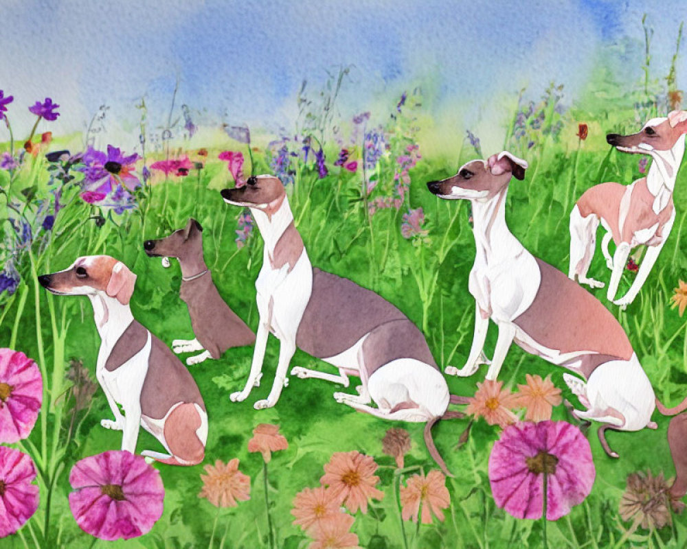 Five Italian Greyhounds Posed Among Wildflowers with Watercolor Background