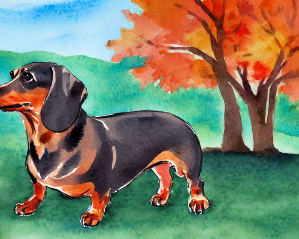 Watercolor painting: Dachshund dog on grass, autumn trees in background