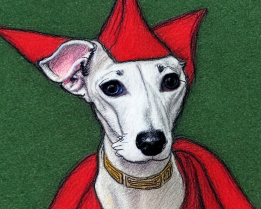 White Dog with Red Hat and Collar on Green Background