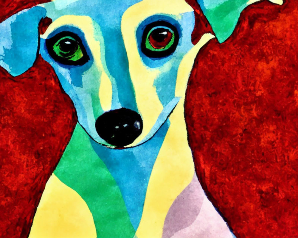 Vibrant abstract painting featuring whimsical dog with expressive eyes on red background