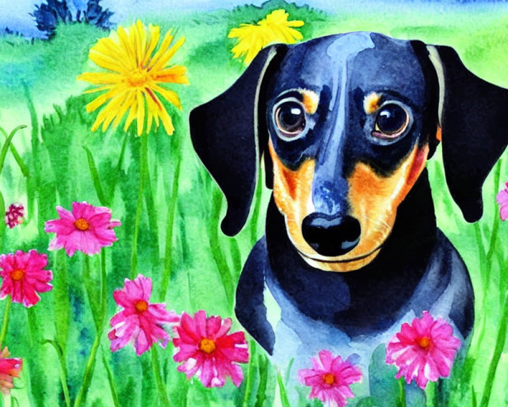 Colorful Flowers Surrounding Black and Tan Dachshund in Watercolor