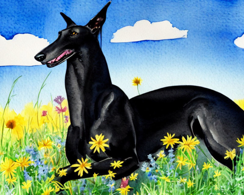 Colorful Watercolor Illustration: Black Greyhound in Meadow with Flowers