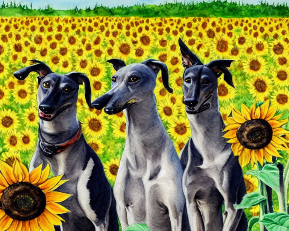 Three Greyhound Dogs in Sunflower Field Landscape