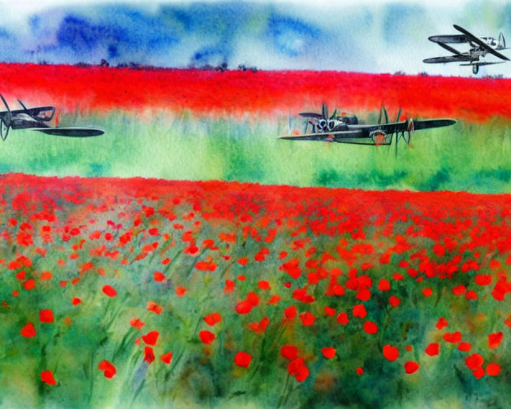 Vintage airplanes flying over vibrant field of red poppies in watercolor