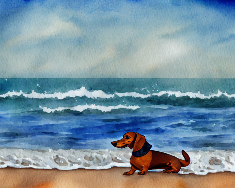 Dachshund on Sandy Beach with Waves in Watercolor
