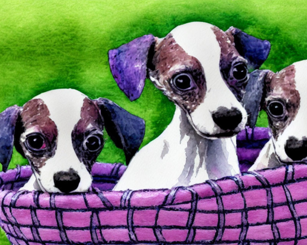 Three Spotted Puppies in Purple Basket on Green Background