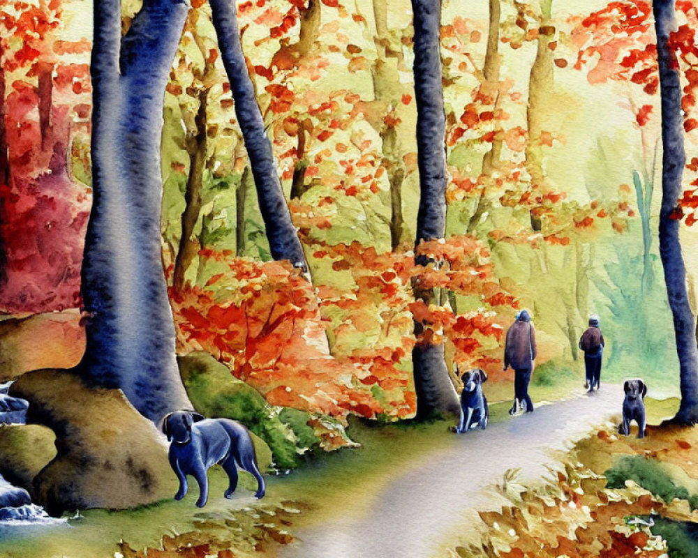 Vibrant autumn forest scene with people walking dogs